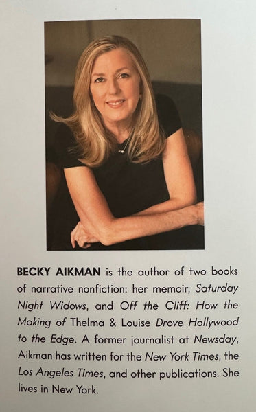 Booklet with a portrait of a woman and text about Becky Aikman on a gray background